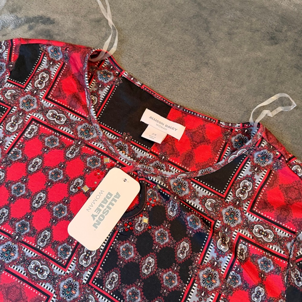 Allison Daley Blouse Womens 2X Red Geometric Paisley Embellished Keyhole NWT